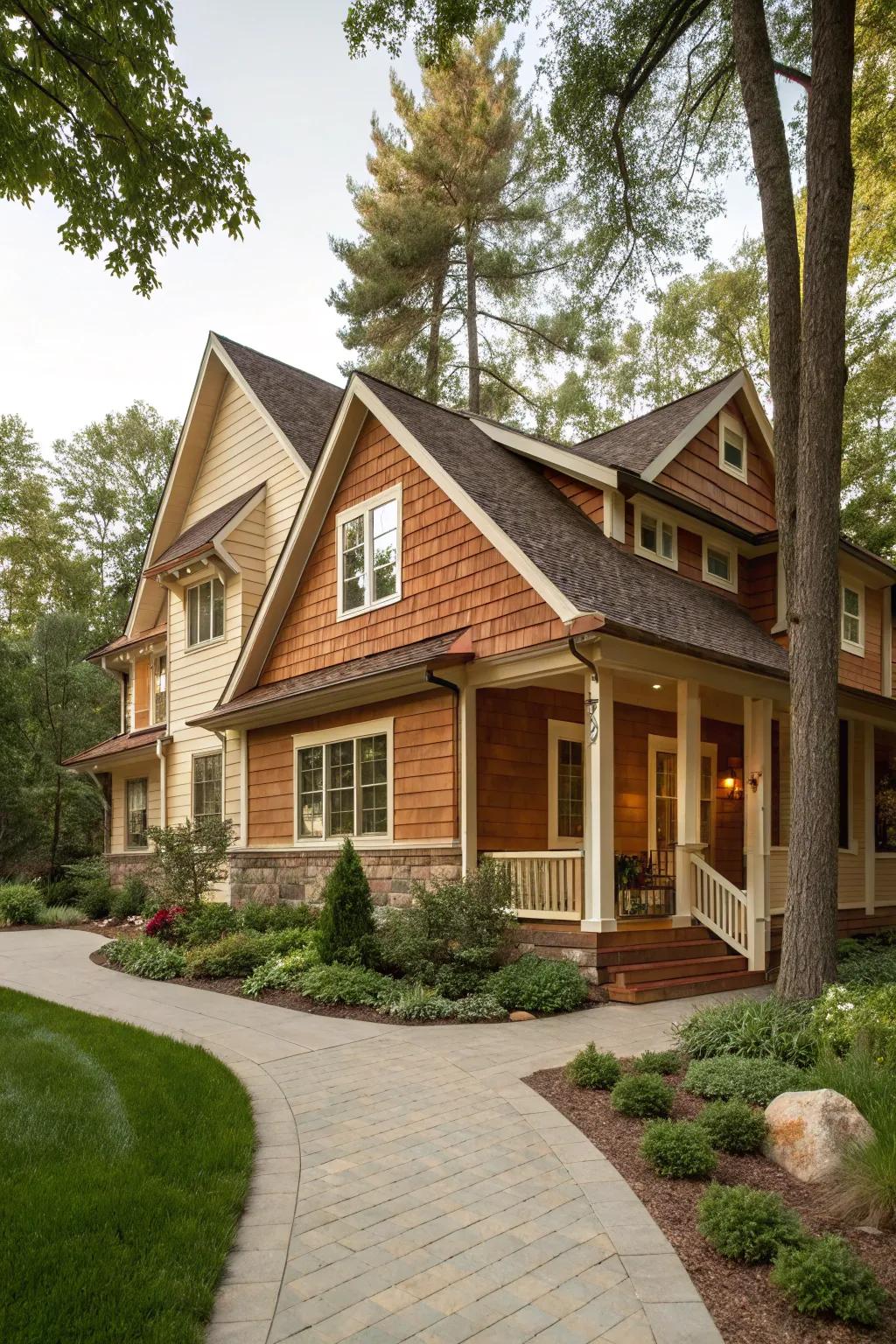 The warm, welcoming ambiance of brown and cream siding.