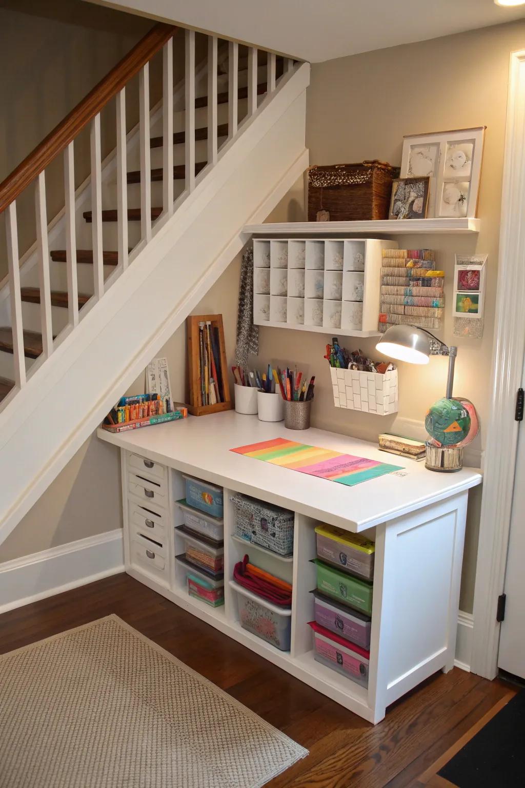 A compact making spot beneath the staircase to foster artistic expression.