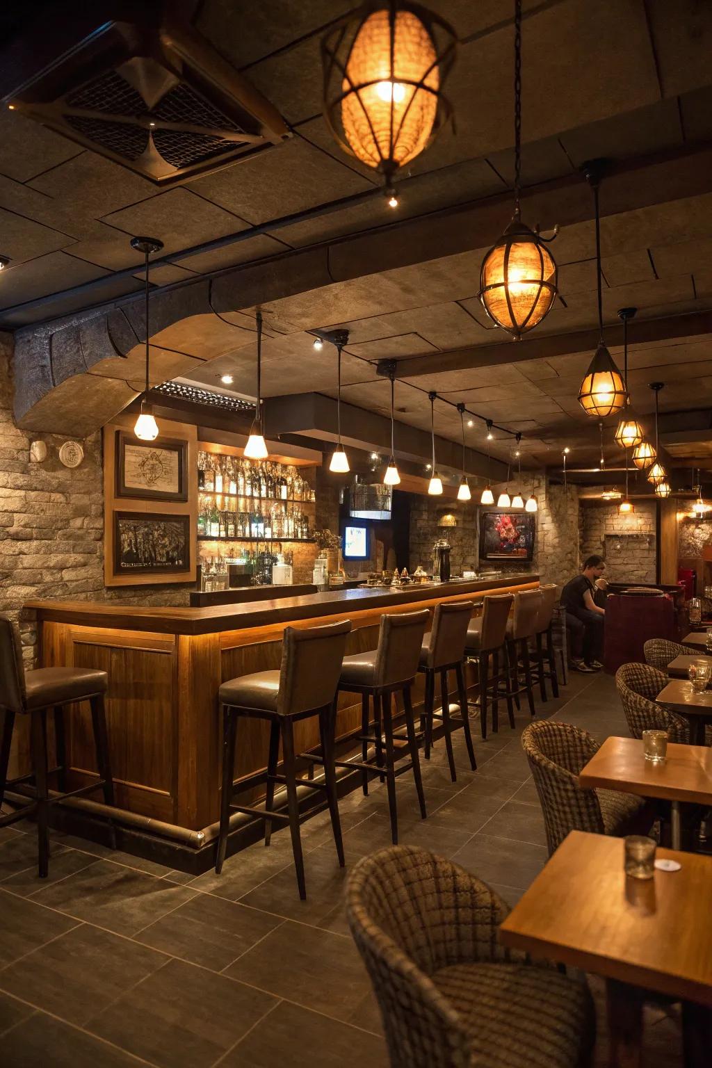 Hanging illumination enriches the mood of a basement bar.