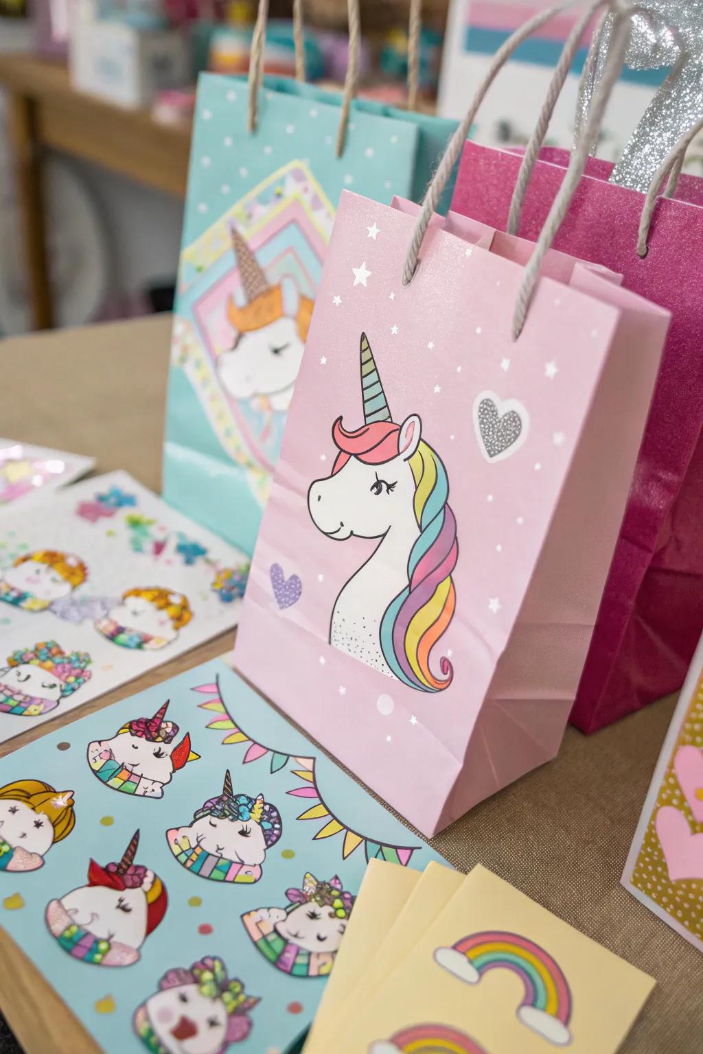 DIY unicorn treat sacks with a vivid cluster of stickers.