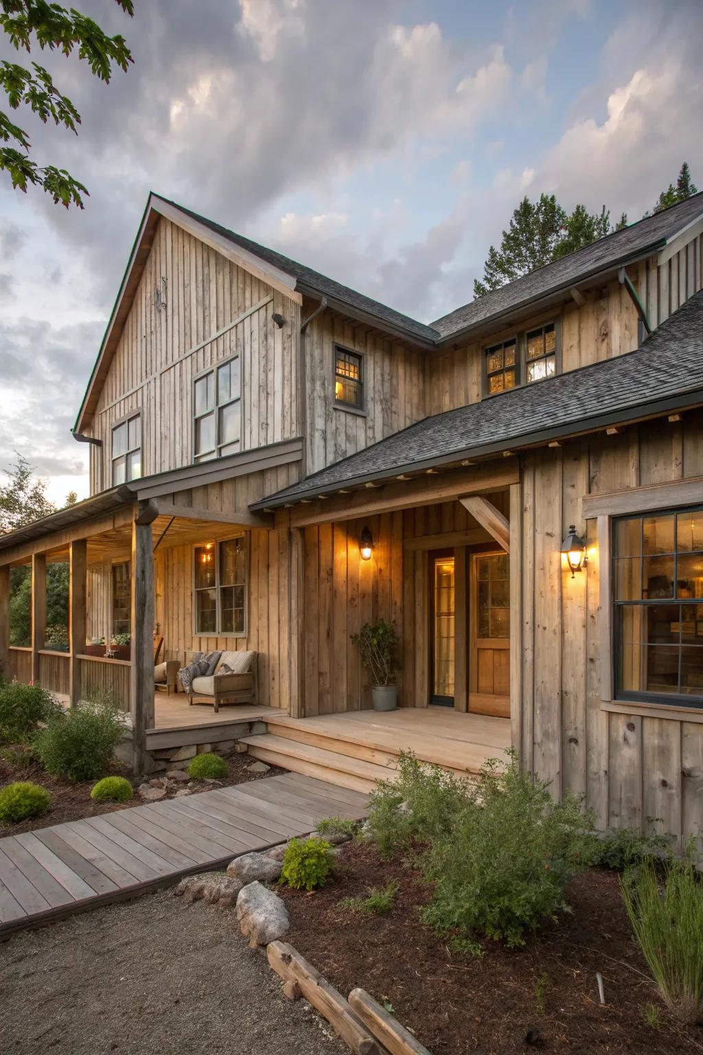 A rustic home featuring warm timber cladding elements.