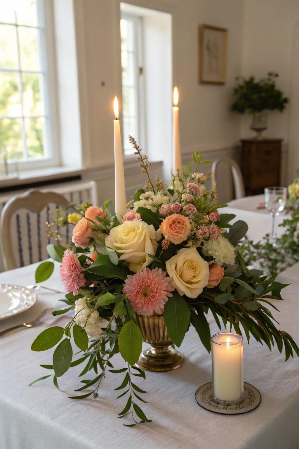 A romantic table setting with candles and flowers.
