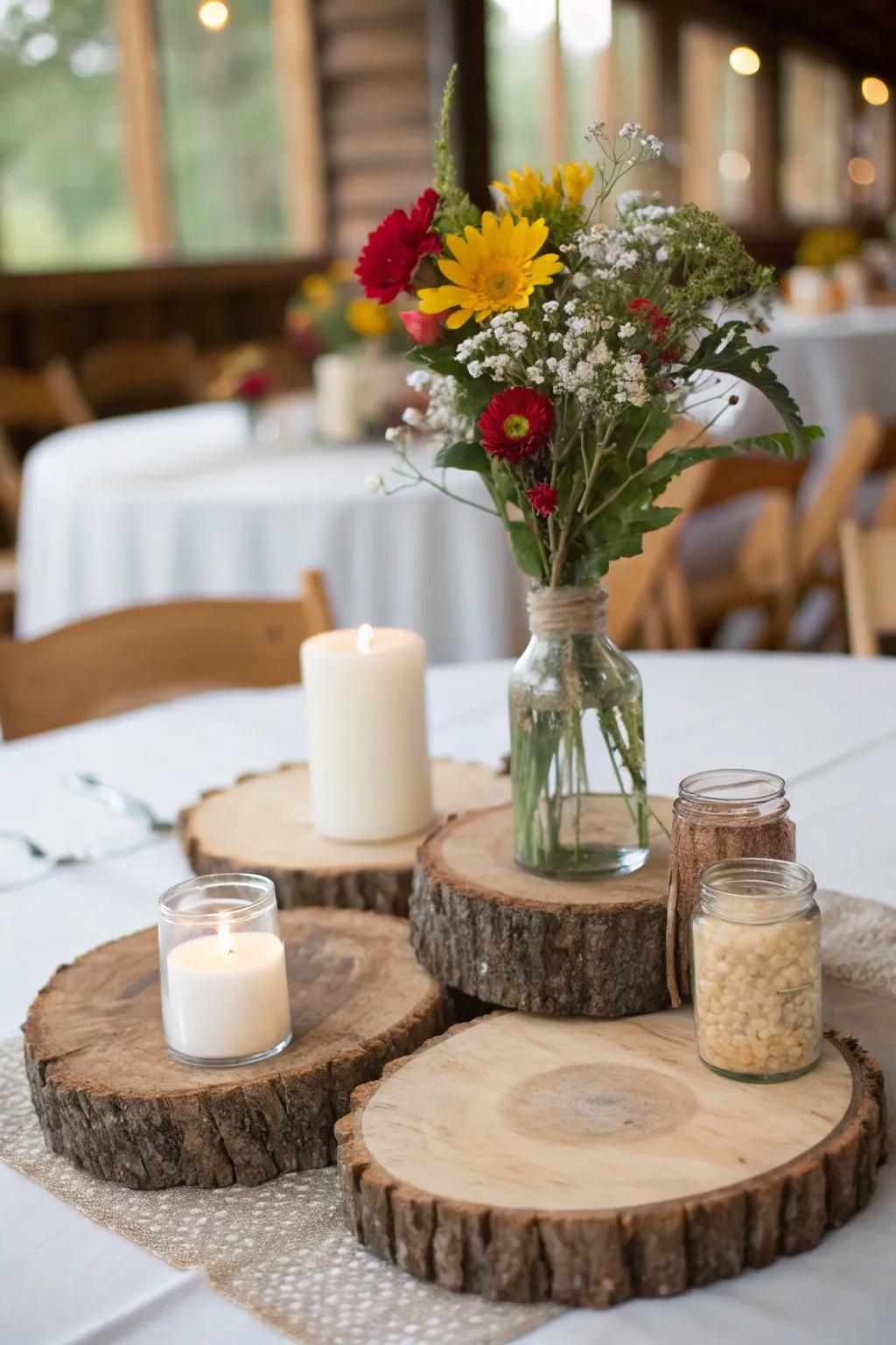 Rustic charm highlighted with timber and floral accents.