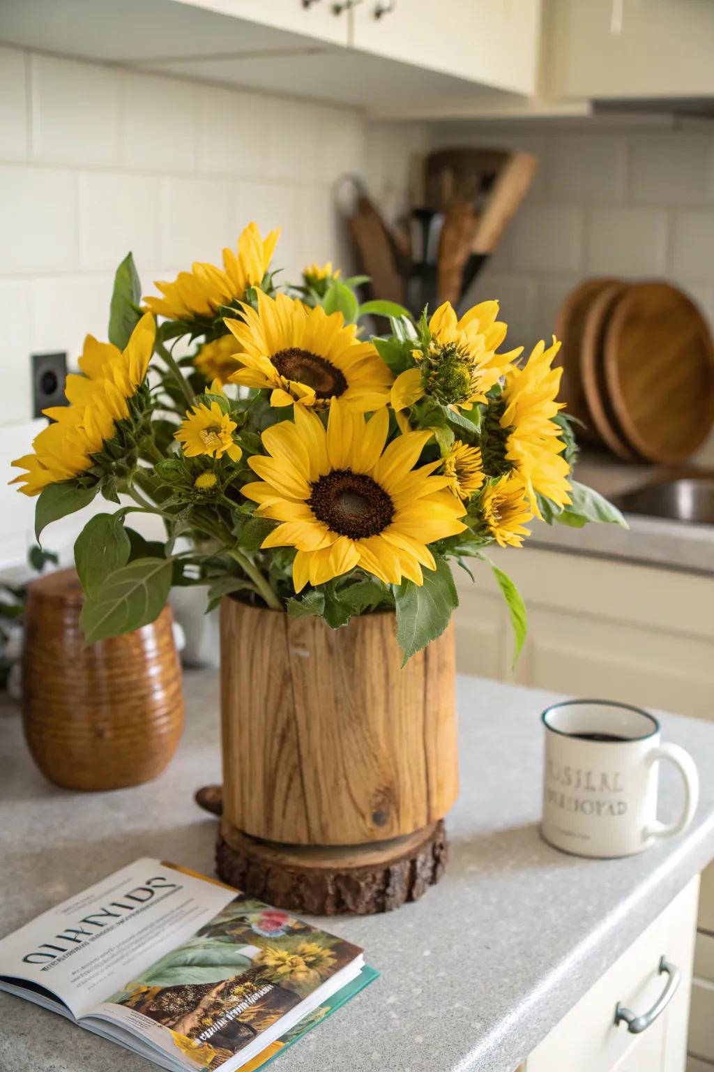 Vibrant sunflower arrangement conveying happiness to a cooking area.
