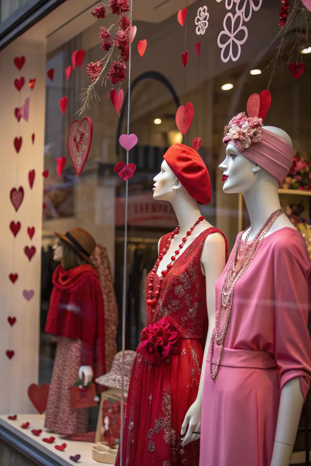 Mannequins dressed in fashionable attire for Valentine's Day, displayed in a shop window.