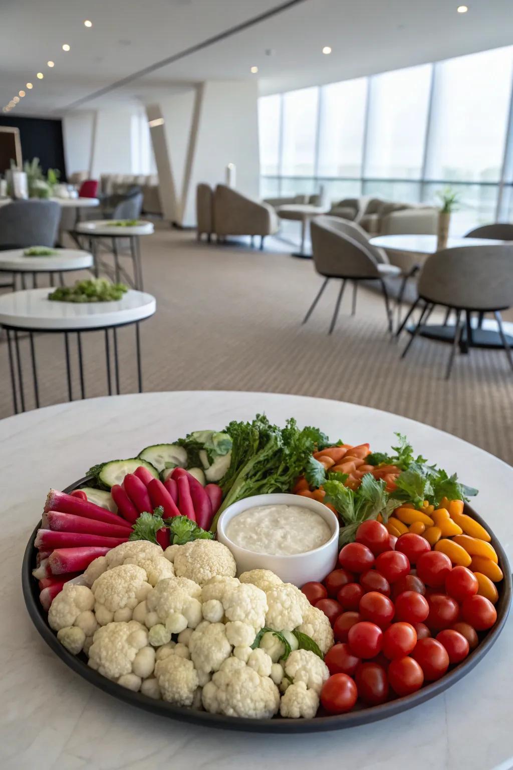 Veggies symmetrically arranged in a circular pattern.