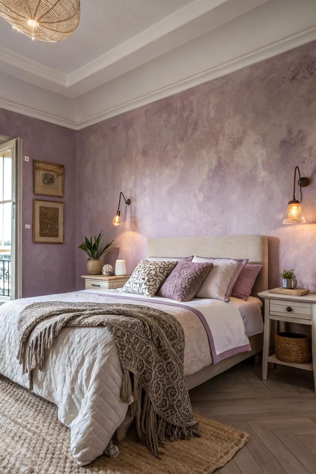 Use muted Venetian plaster tones to create a tranquil atmosphere in the bedroom.