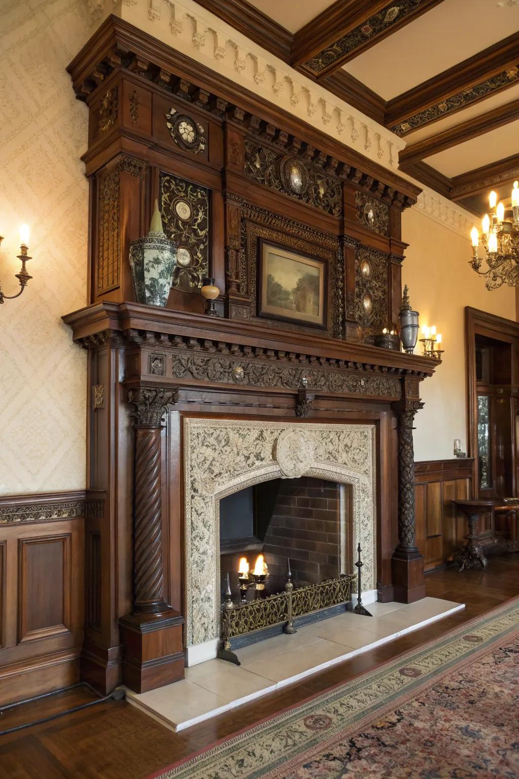 A decorative hearth amplifies the area's historical charm.