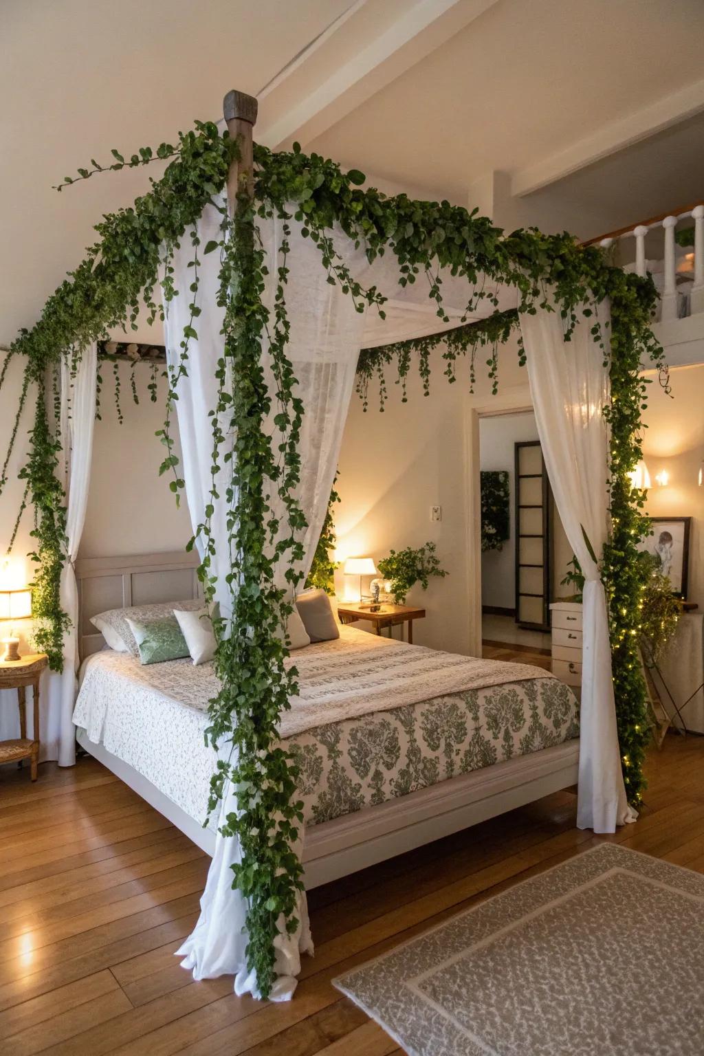 Transform your bedroom using a canopy bed decorated with vines.