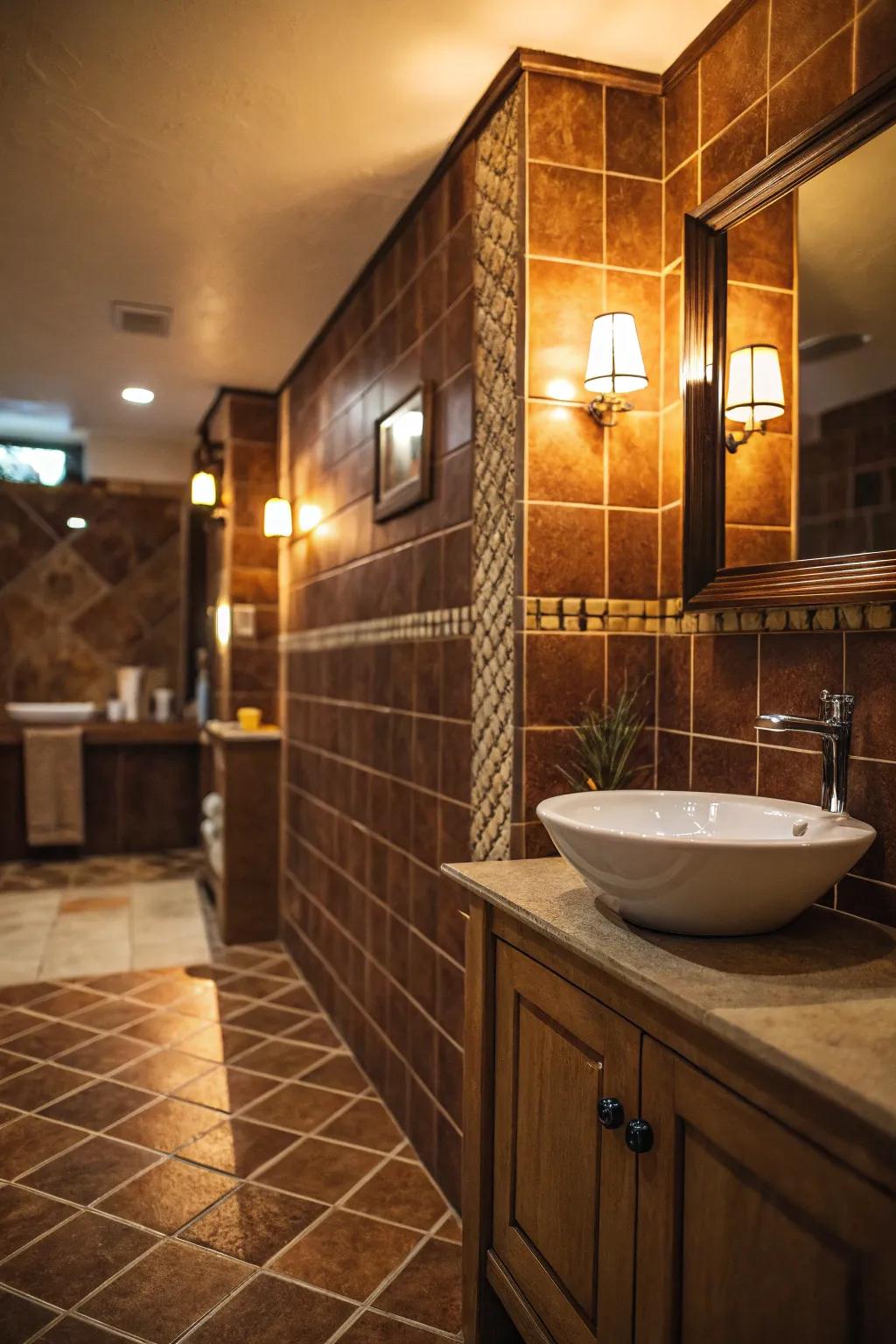 Radiant lighting enhances the deep colors of brown tiles.