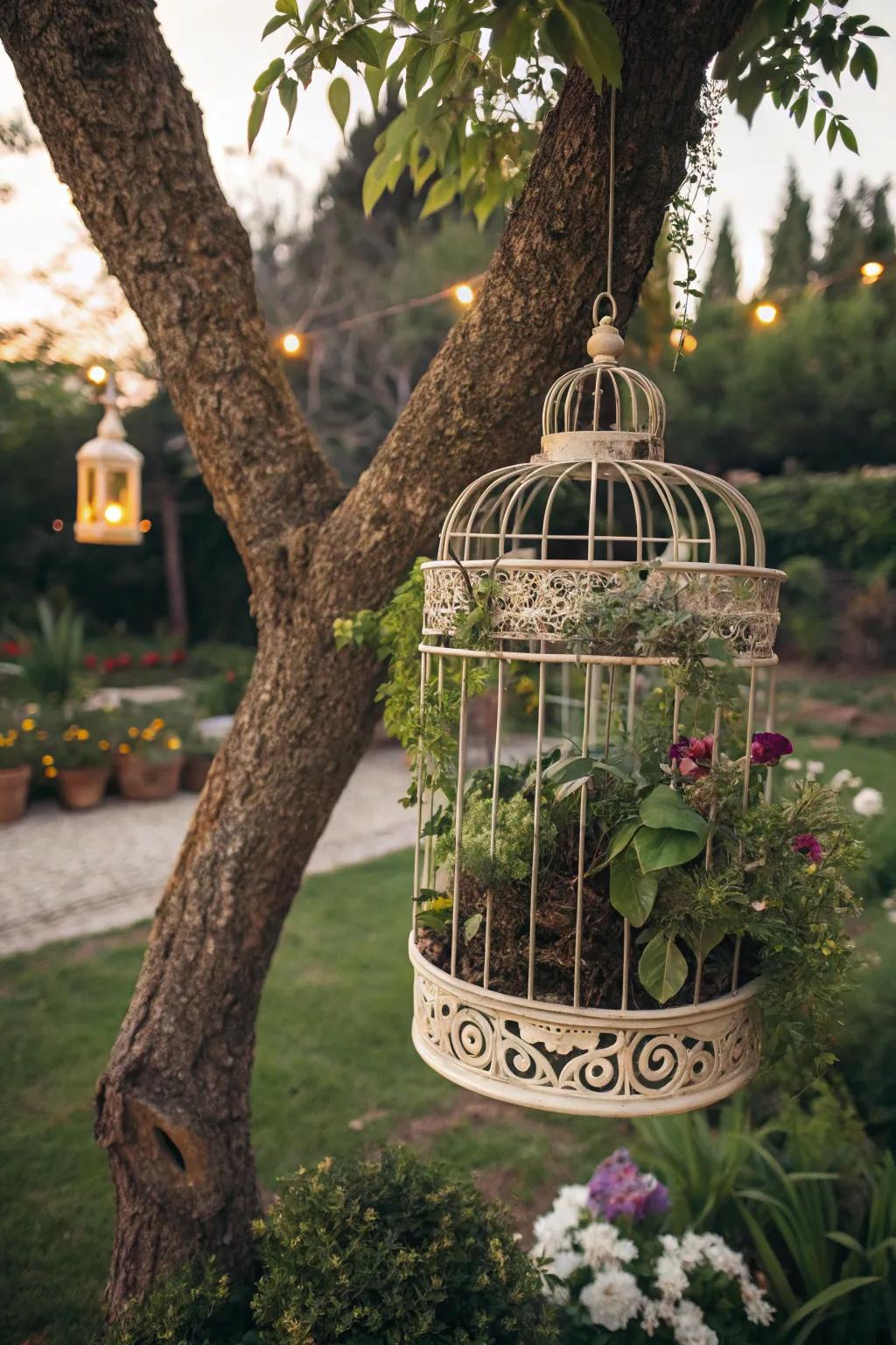 Birdcages bestow a whimsical note upon any garden panorama.