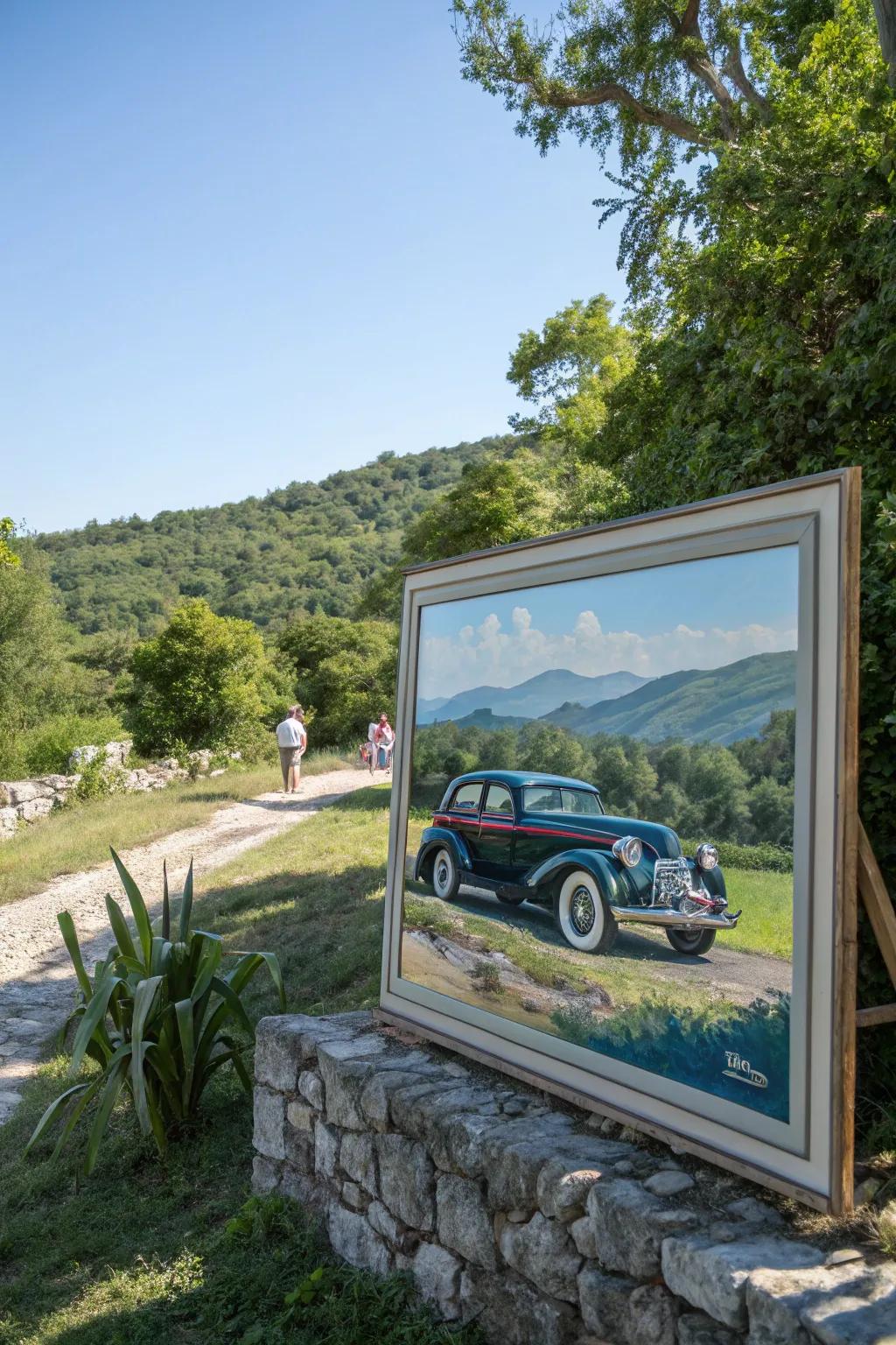 Classic car paintings introduce a dash of retro class.