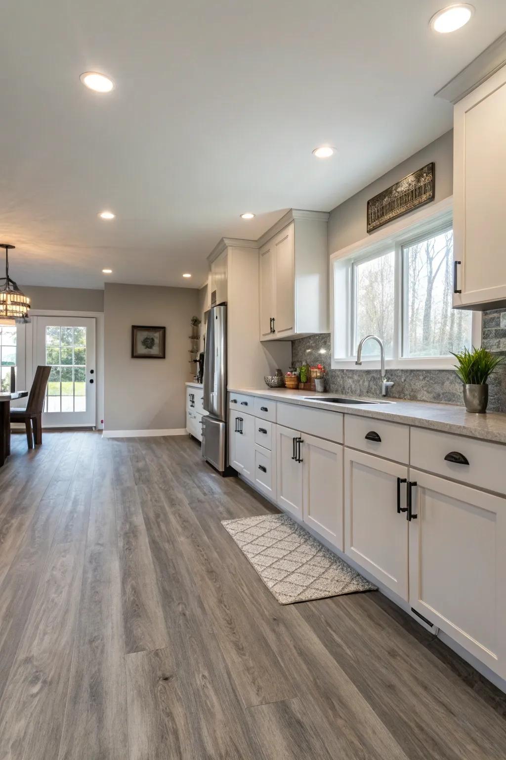 With warm gray vinyl flooring, you may create classic elegance.
