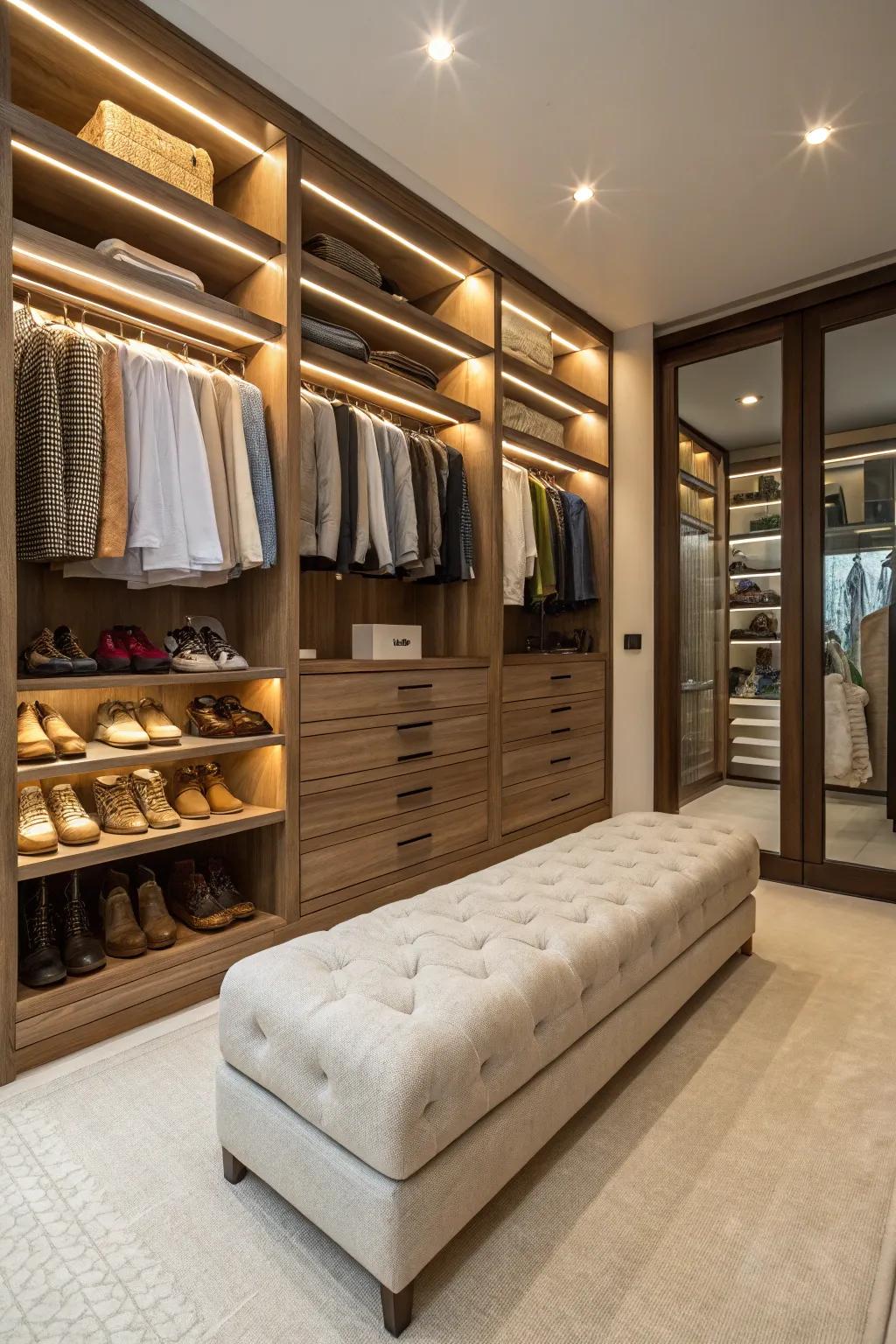 An opulent bench situated in a walk-in closet, an ideal setting for unwinding during dressing.