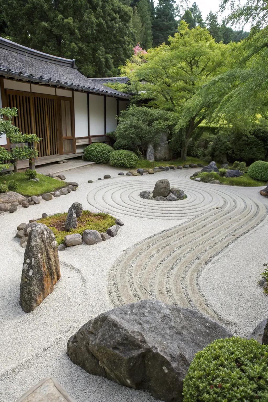 Discover inner peace in a circular Zen garden labyrinth.
