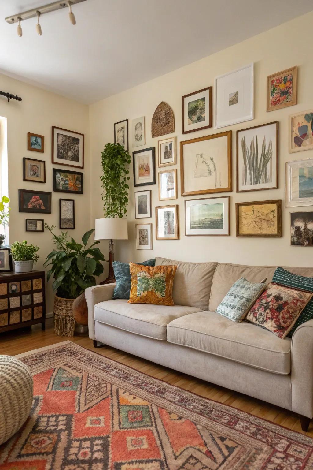 A living space display wall blending various art forms.