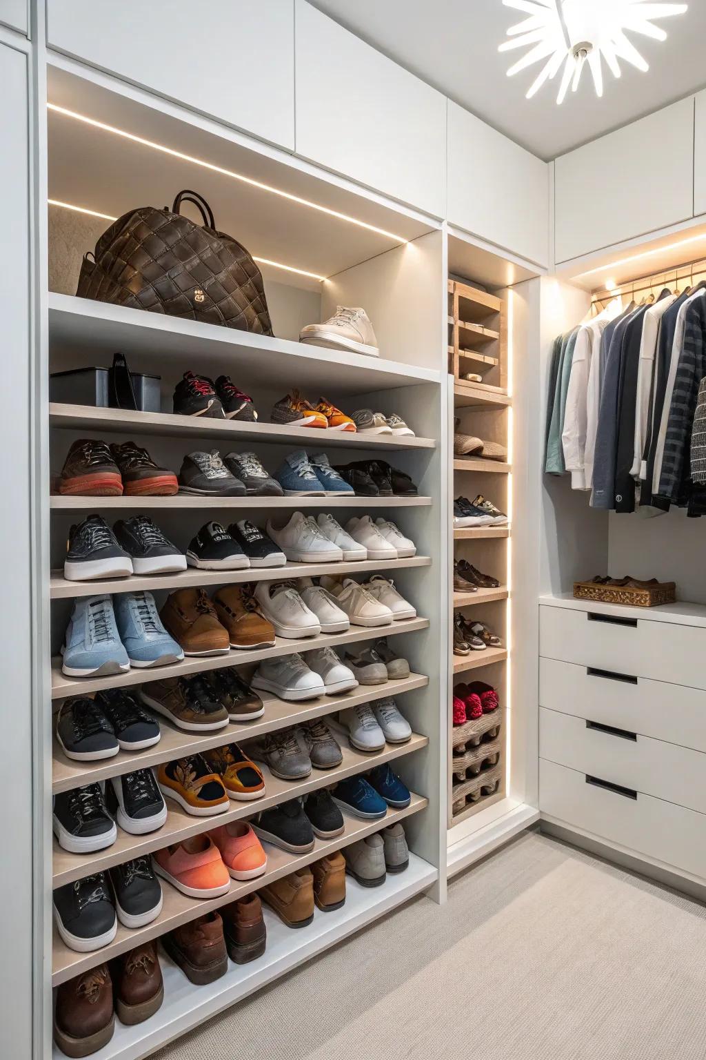 A dedicated shoe section in a wall closet exudes a well-organized ambiance.