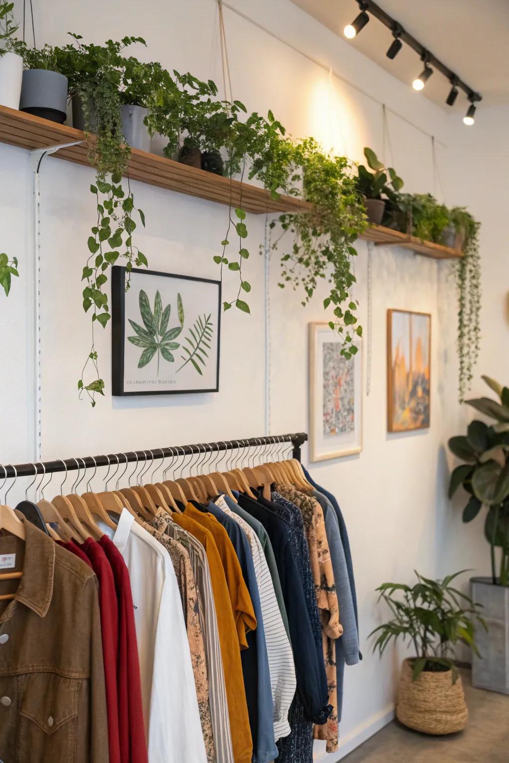Decorative accents highlight a wall-mounted clothing rack.