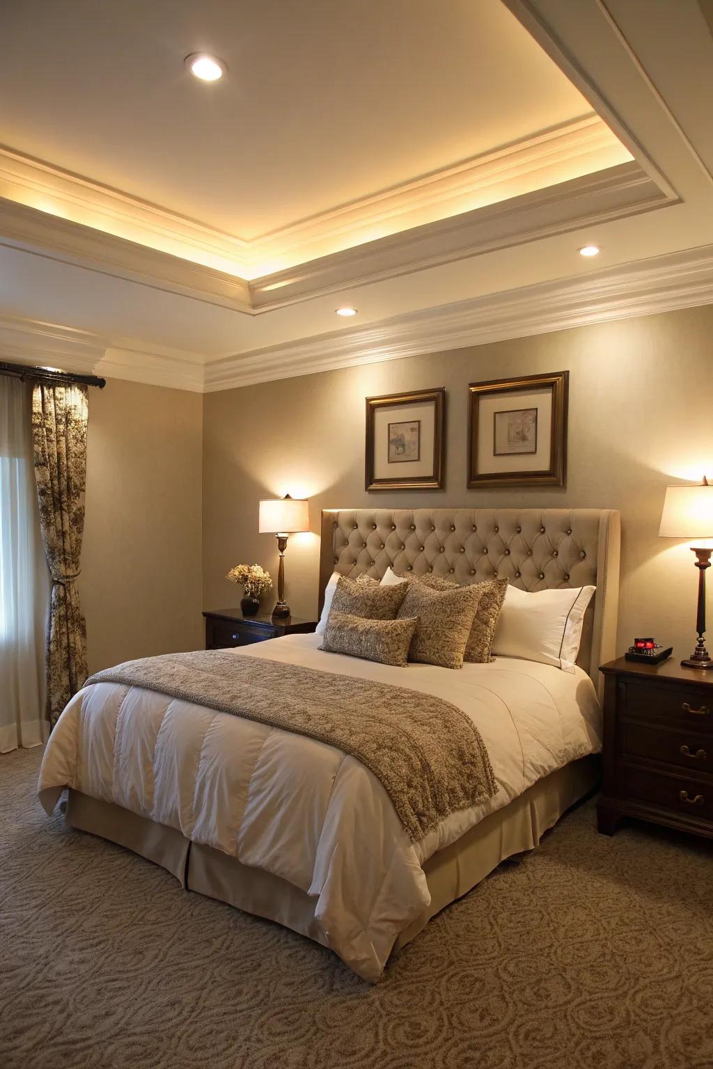 Crown molding brings a majestic touch to this inviting bedroom.