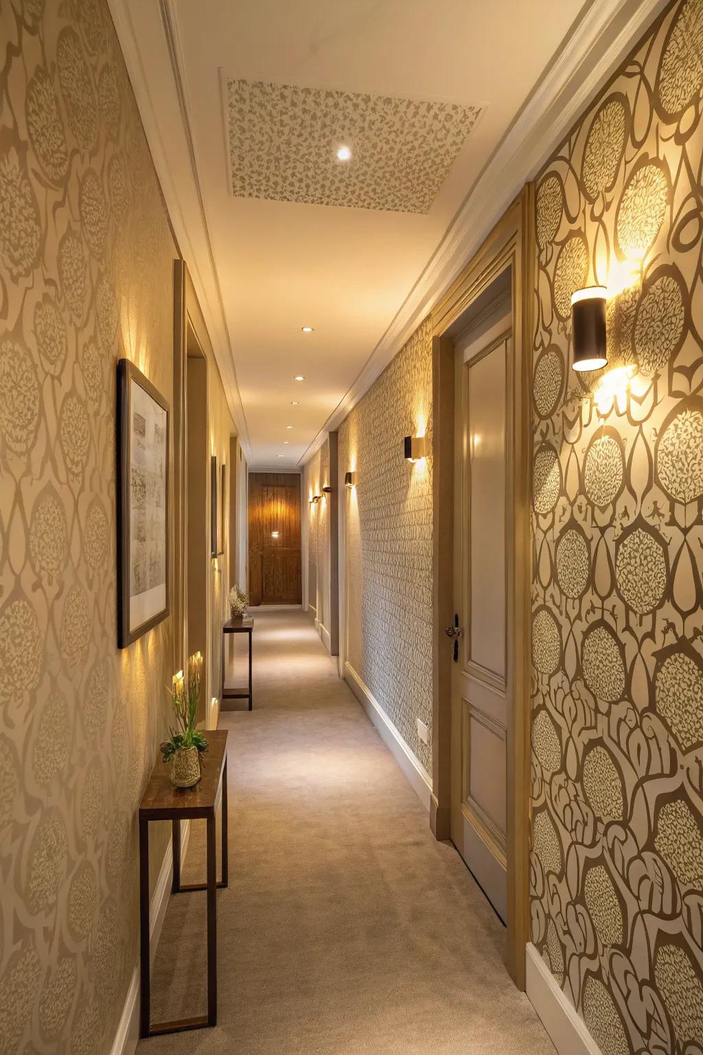 Textured wallpaper adds depth and warmth to transitional spaces.