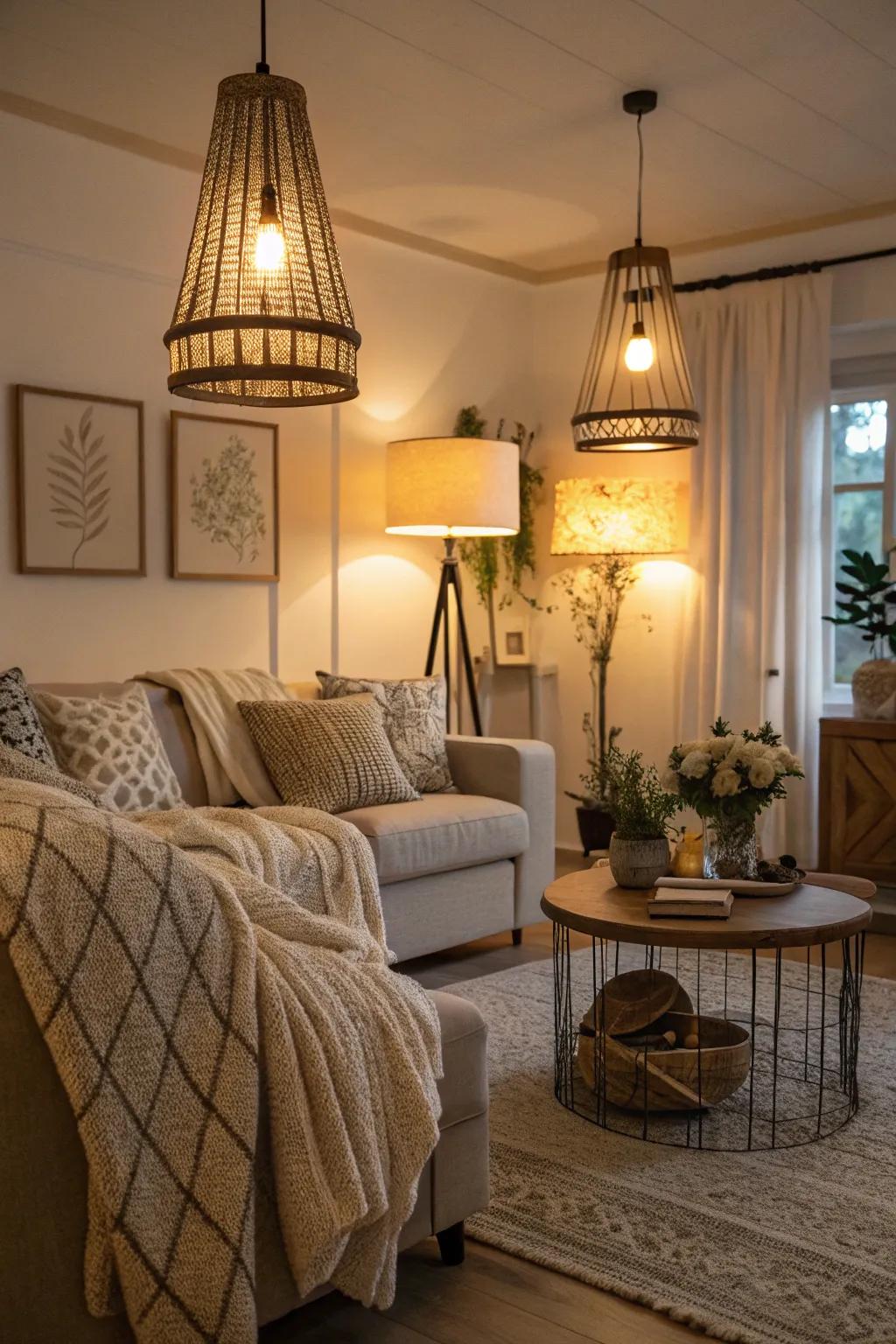 Warm illumination enhances the snug feel of a neutral family space.