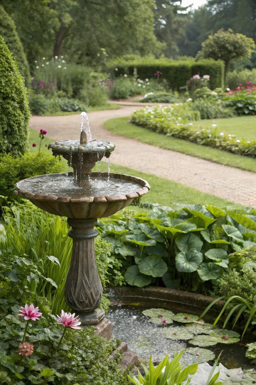 A sculpted water feature acts as both artistic expression and unwinding.
