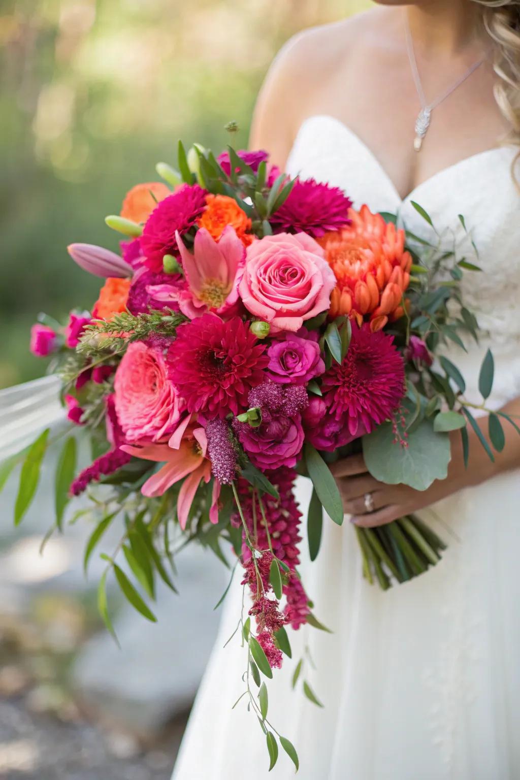 A vibrant bouquet showcasing bold coral and fuchsia hues