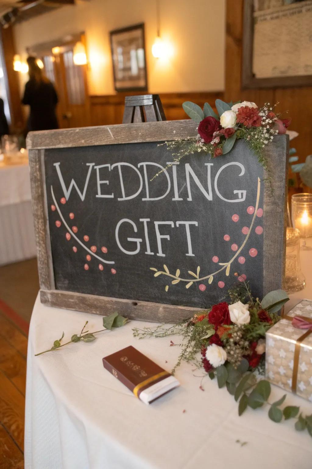 A versatile slateboard marker for wedding gifts.