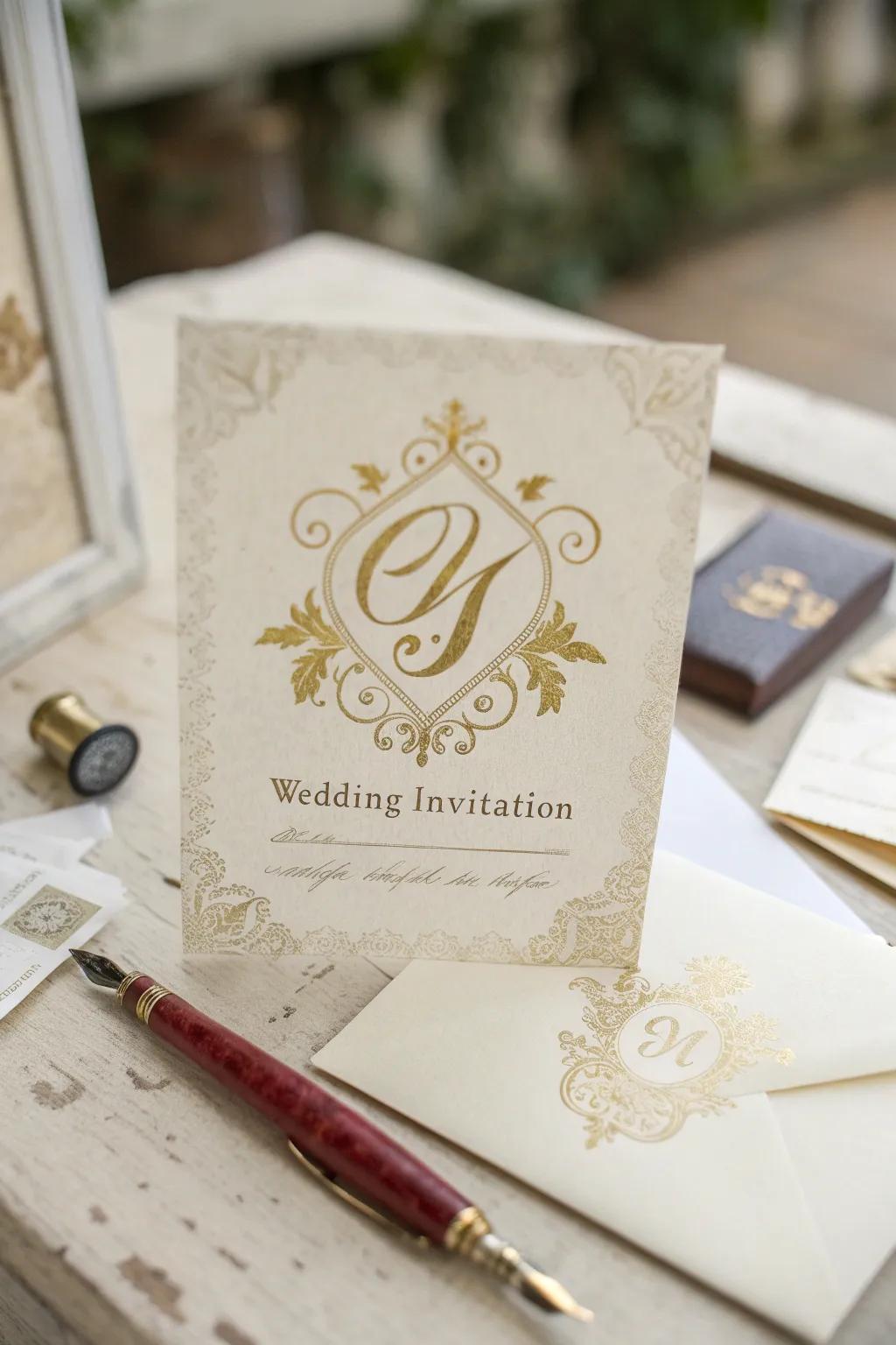 Wedding invitation with a personalized emblem, adding a distinctive touch.