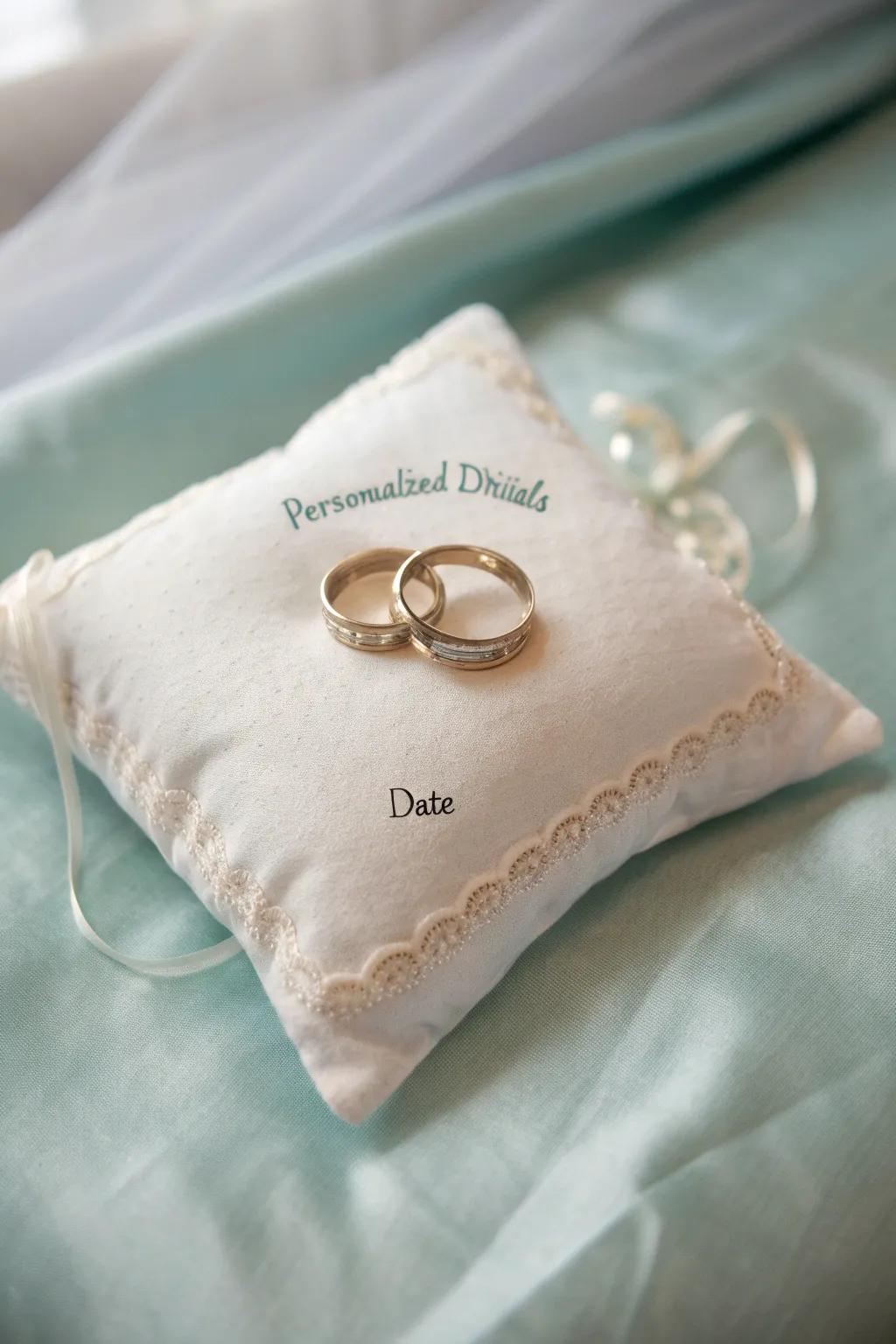 A personalized wedding ring pillow featuring embroidered initials.