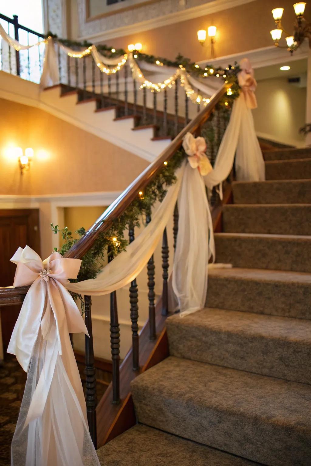 Silken ribbons introduce a subtle sophistication to this exquisitely adorned stairway.