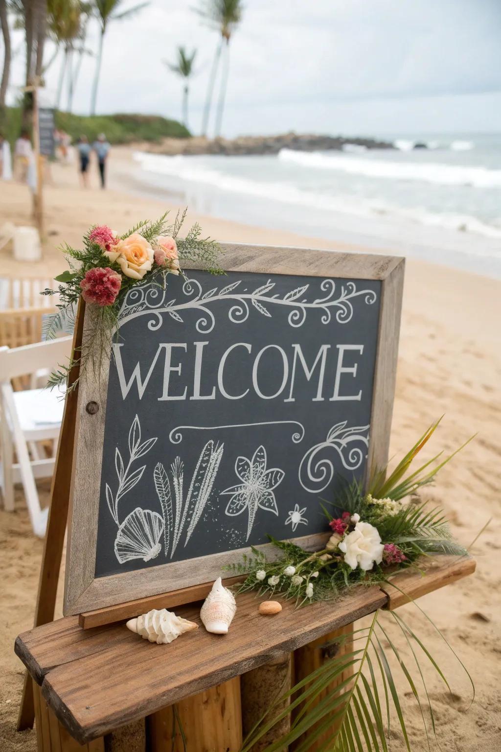 A casual chalkboard welcome sign with hand-drawn designs, ideal for a beachside wedding.