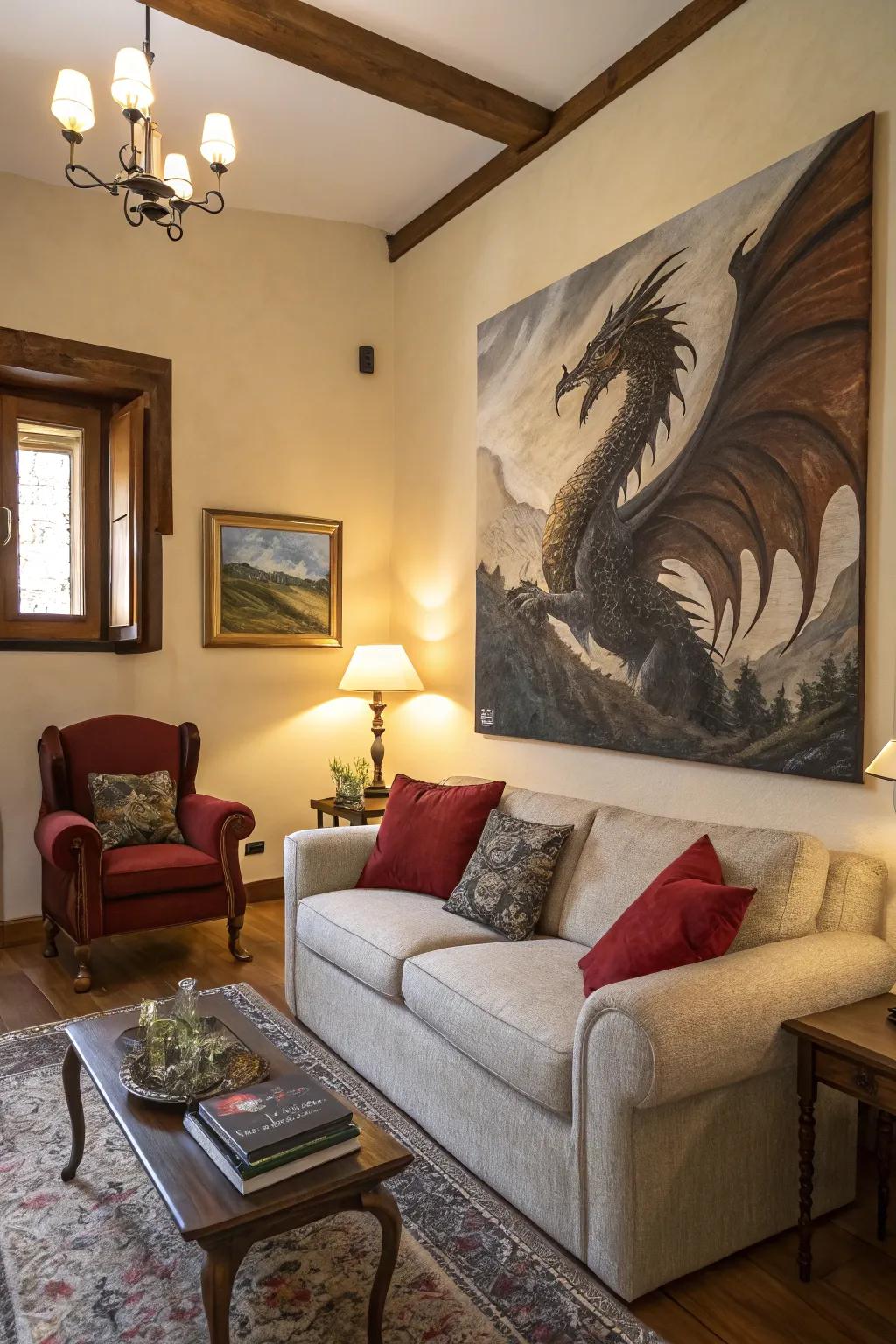 A painting showcasing a dragon, becoming a striking point of interest within a family space.