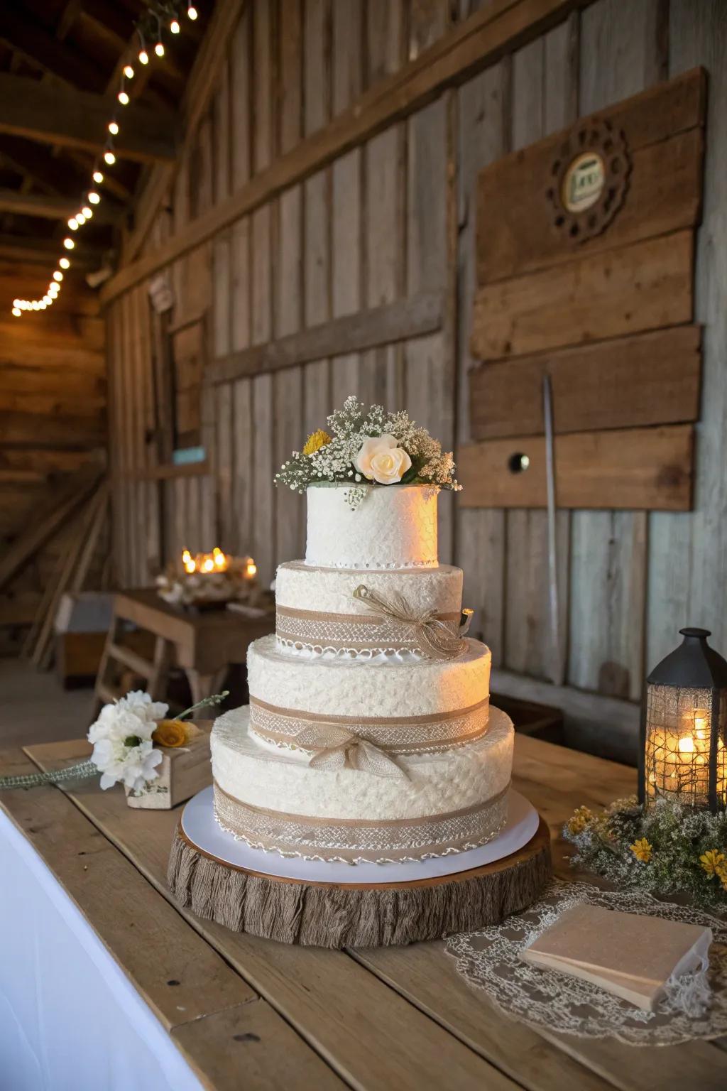 Cake swathed in fine netting and homespun cloth for a countryside feel.