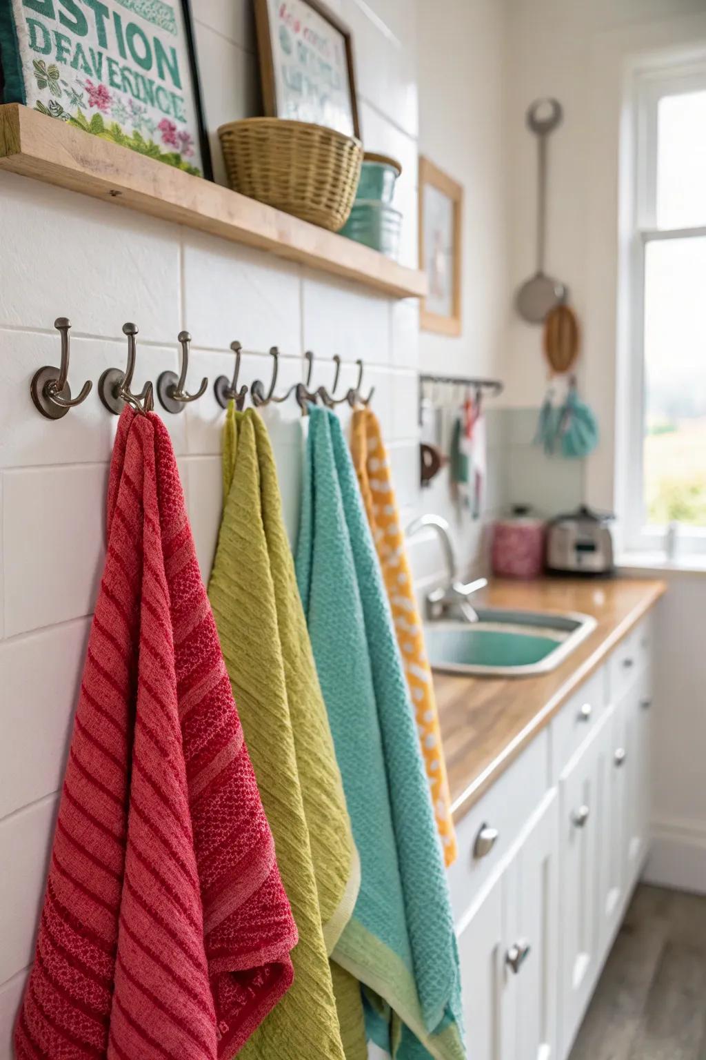 Employ exclusive pegs to fashion a tailored and decorative towel display.