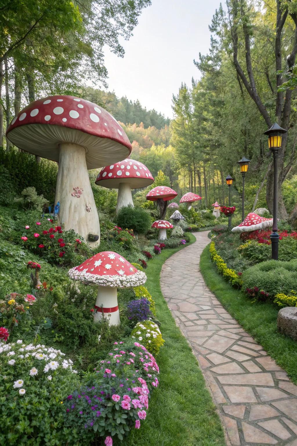 Mushroom decor imparts a fanciful sensation to any garden setting.