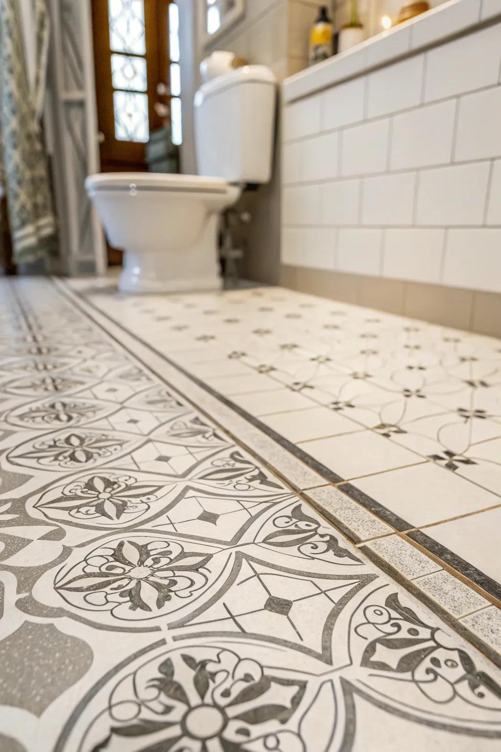 Patterned flooring delivers a playful elegance to your bathroom.