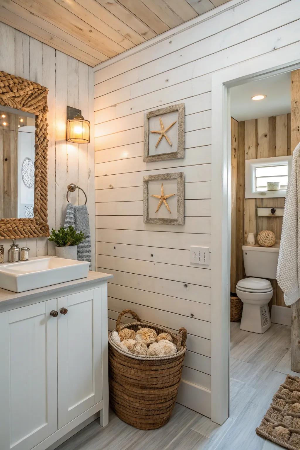Textured shiplap walls add dimension to a shoreline bathroom.