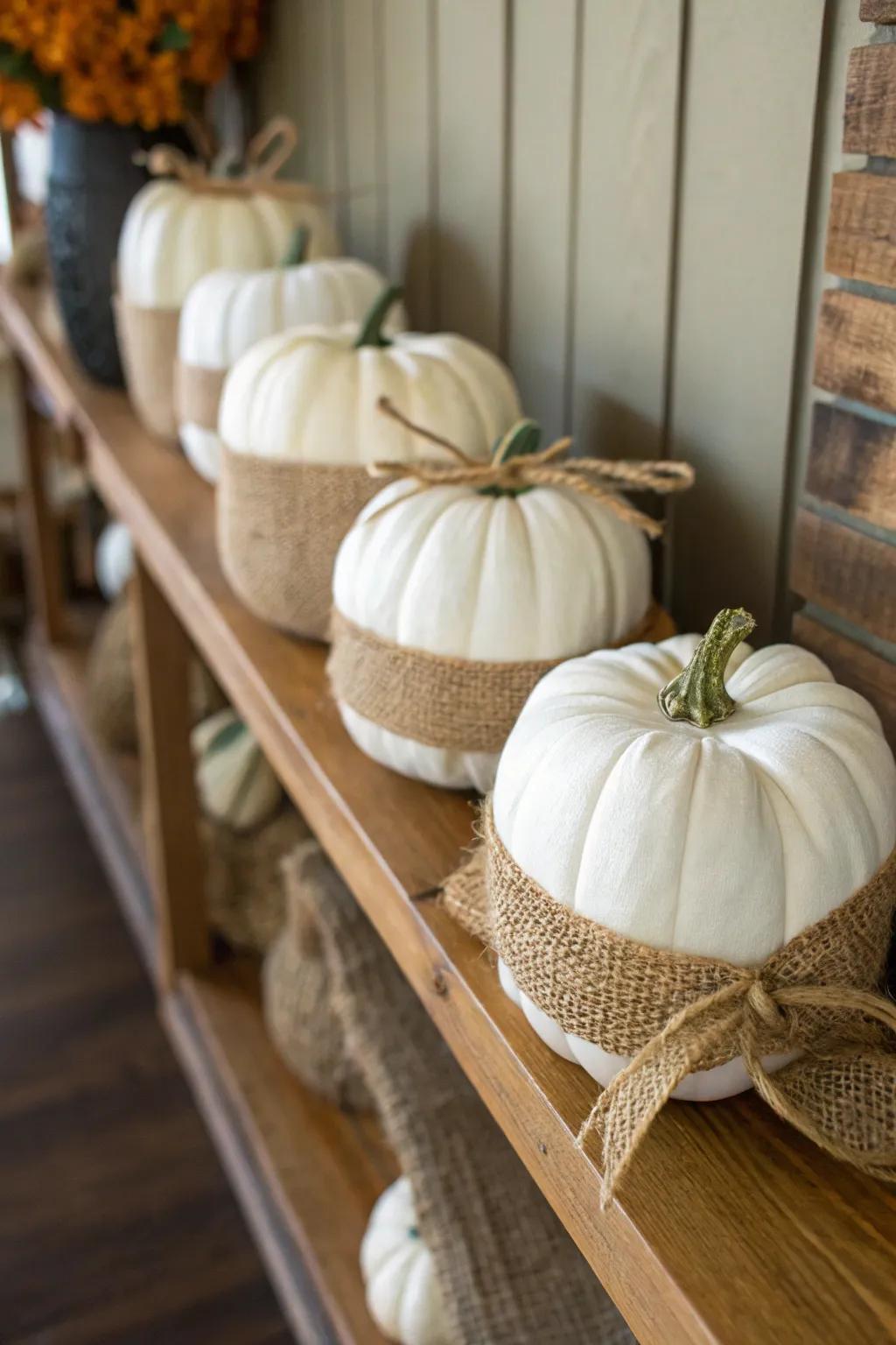 Coarse cloth-wrapped pumpkins for a rustic charm.
