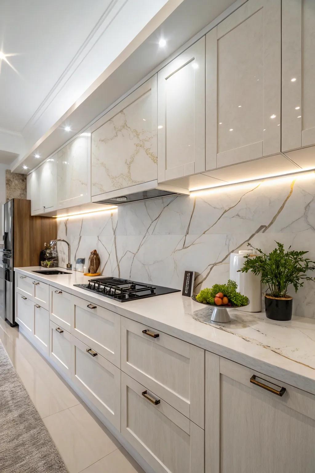 Stone composite backsplash featuring delicate veining for a gentle touch of elegance.