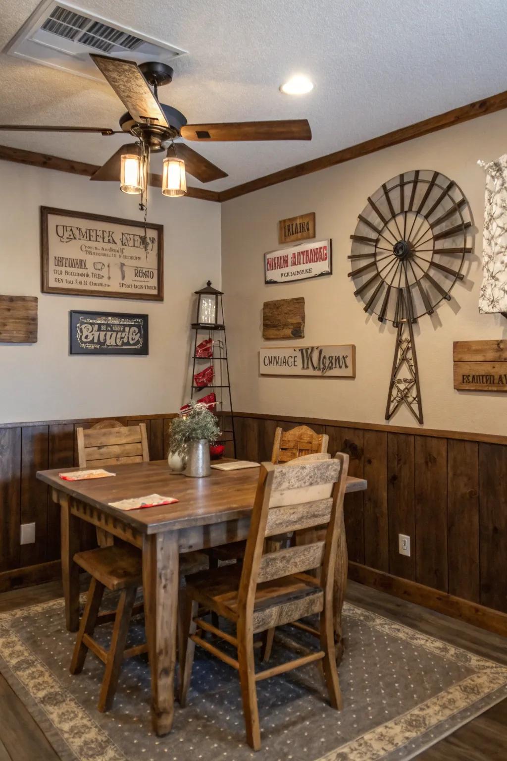 Aged timber alongside classic signs create a comfortable homestead feel.