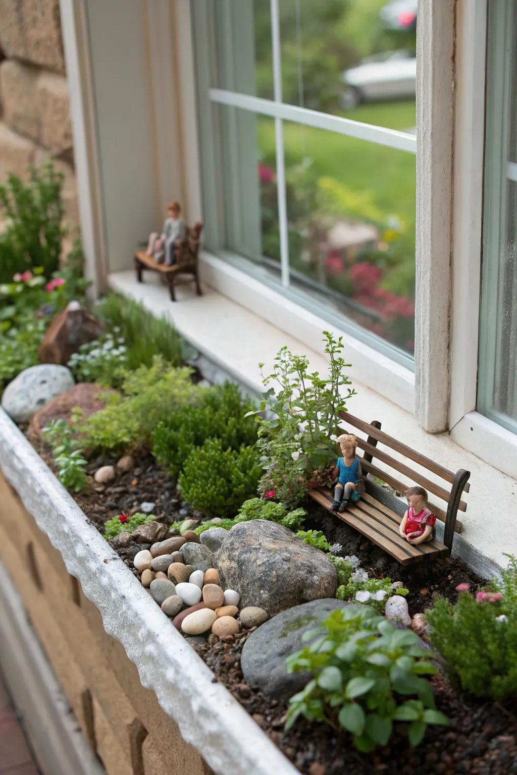 An imaginative miniature garden scene nestled within a window box