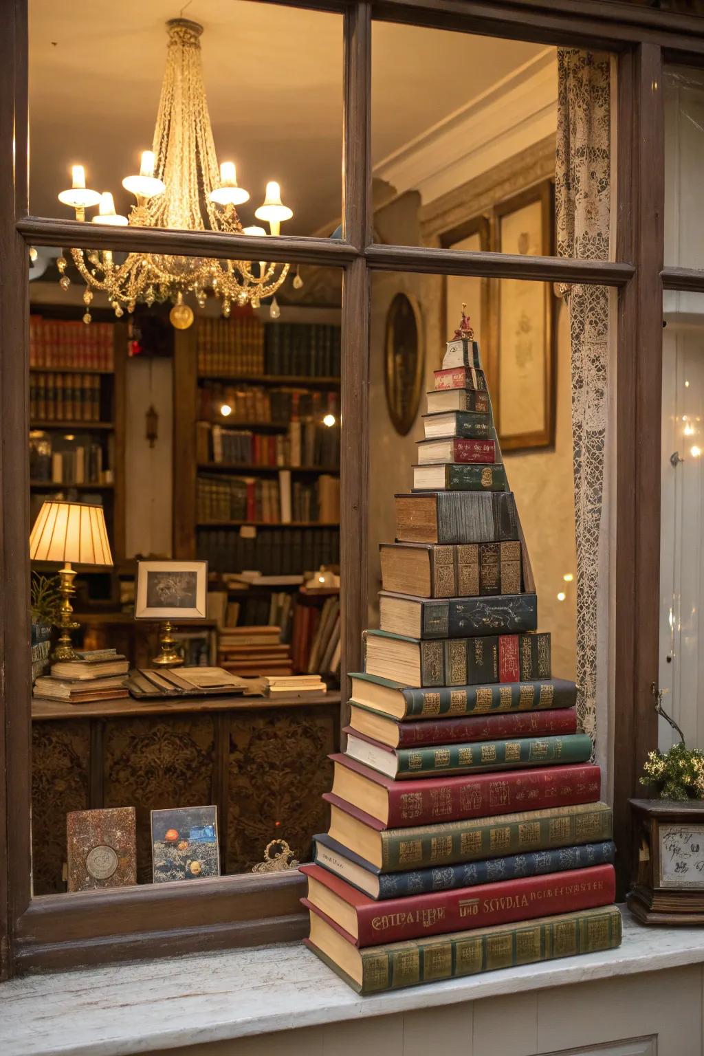 An ingenious display of vintage books introducing charm and nostalgia.