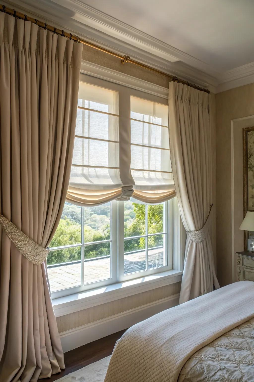 Roman shades introduce a tailored refinement to this bedroom window.