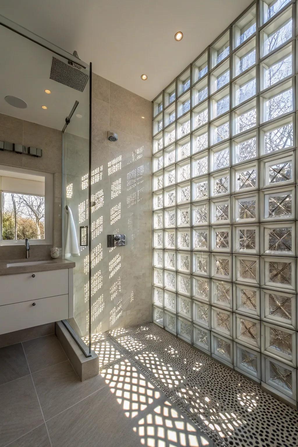 Glass bricks shape a textured wall, inviting light while assuring privacy.