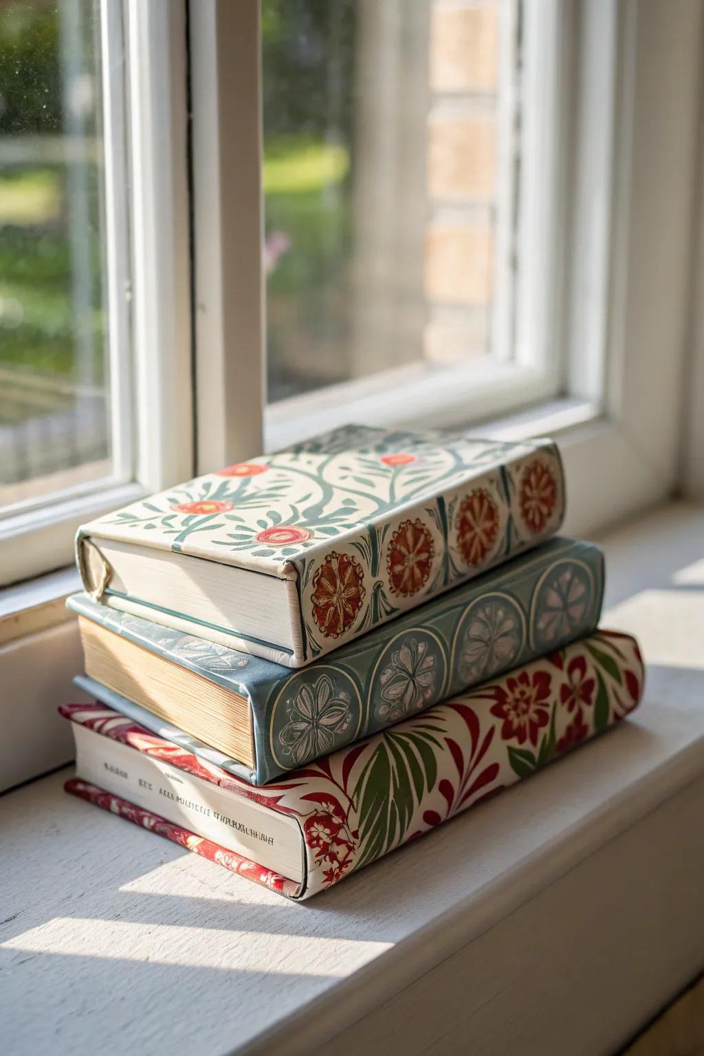 Decorative books organized on a windowsill, giving it a personal feel.