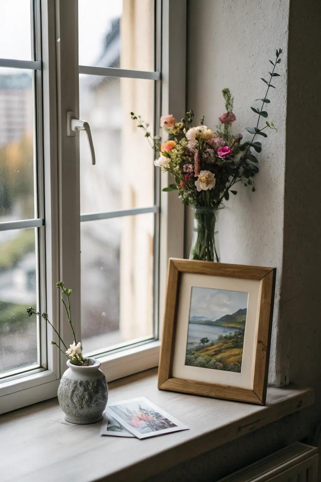 Artistic elements on the windowsill inject a personal and imaginative touch.