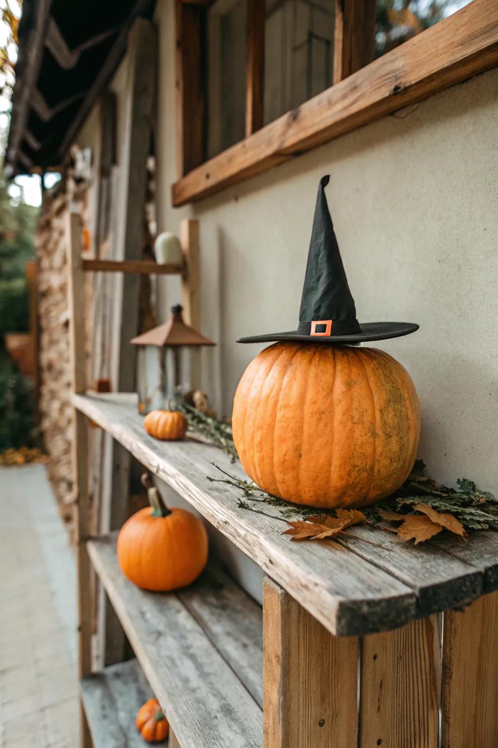 Jack-o'-lantern donning an adorable miniature enchantress chapeau.