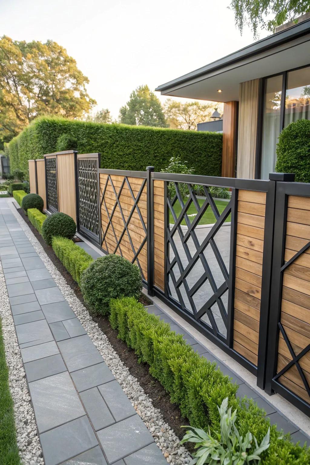 A fence that employs sharp geometric shapes using wood and metal.