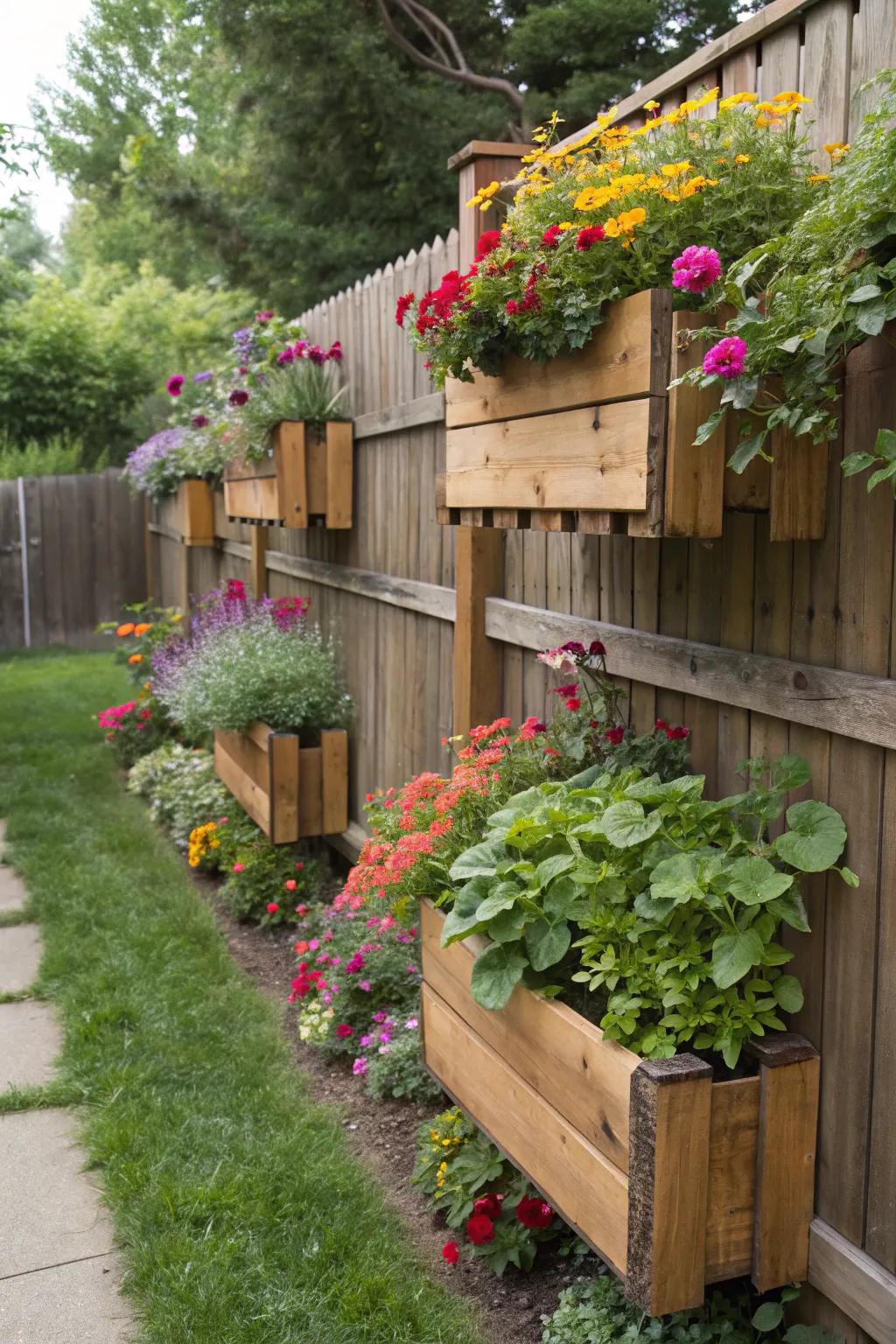 Invigorate your fences with wooden planters.